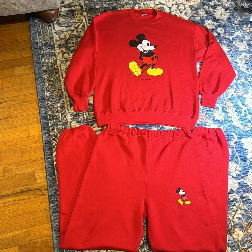VTG 2pc Jerzees Walt Disney Red Mickey Mouse Matching Jogging Sweat Pant Set XL